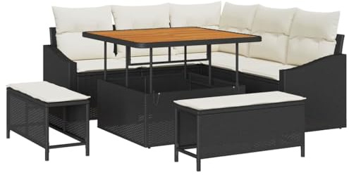 vidaXL Garten-Sofa-Set mit Kissen 8 pcs Schwarz Poly Rattan, Modulares Outdoor-Sofa-Set, rechteckige Gartenlounge, strapazierfähige Rattan-Couch, verstellbare Füße