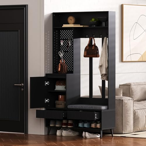 Moimhear Garderoben-Set, Wandgarderobe, Flurgarderobe Set mit Schuhbank, Garderoben Set mit 4 Kleiderhaken, Zwei Schubladen und 1 Türen (Schwarz-2, 100 x 35 x 180 cm)