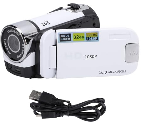 Pilipane Videokamera mit 2,4 -Zoll -Farbbildschirm Füllung Light 16MP 1080p 16x Digital Zoom Anti Shake Loop Video - Camcorder für Reisewachstumsaufzeichnungen (Weiß)