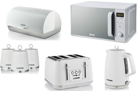 Swan Elegance White 1.7L Kettle, 4 Slice Toaster, Breadbin, Canisters and 800W 20L Digital Microwave. Contemporary Matching Kitchen Set of 7 with a Premium Textured White Finish