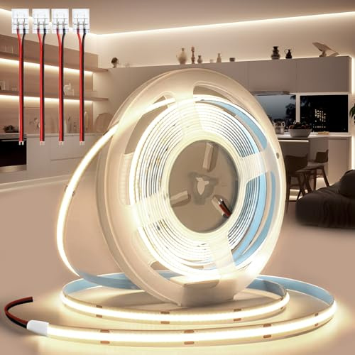 BRIMETI LED Streifen 24V 10M LED Strip COB Selbstklebend Neutralweiß 4000K 8mm Breite 320LEDs/M, Flexibel IP20 Licht Band Leiste Mit Verbinder DIY, für TV, Beleuchtung Schlafzimmer (ohne Netzteil)