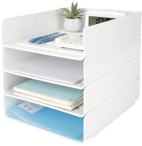 Otauoaea Briefablage Stapelbar, Weiß, 4 Stück, A4, aus PET | Dokumentenablage, Papierablage, Schreibtisch Organizer, Ablagefächer für Büro