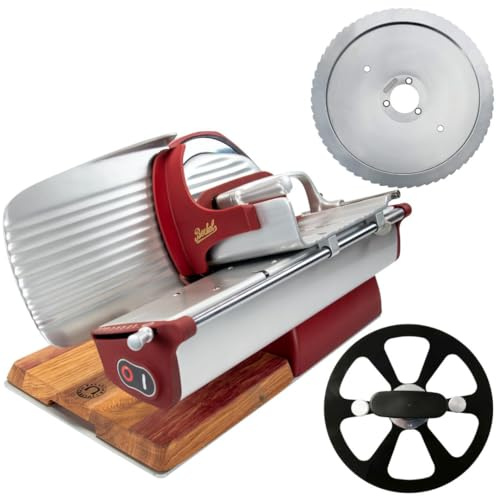 Berkel Home Line 250 Plus rot matt – Aufschnittmaschine mit stufenloser Schnittstärke, Wellenschliff-Bausatz für Brot & handgefertigtem Schneidebrett – präzise Wurst-, Käse- & Brotschneidemaschine