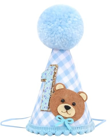 DiiWmme 1st Birthday Hat, Adorable Bear Checkered Pattern Cozy Cone Hat, Perfect First Birthday Photo Prop Crown for Baby Boys and Girls, Adjustable Elastic Cord for Comfortable Fit (Blue)