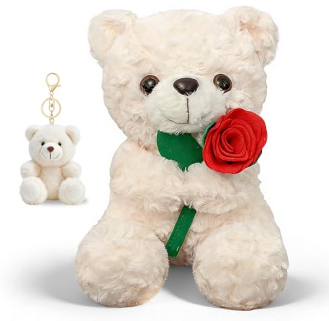 JhavexToy Peluche Ours Blanc avec Rose Rouge & Porte-clés Mini Ours – Accessoire Doux, Cadeau Parfait de Saint-Valentin ou Anniversaire pour Mère, Amie à des Moments Spéciaux, 20cm