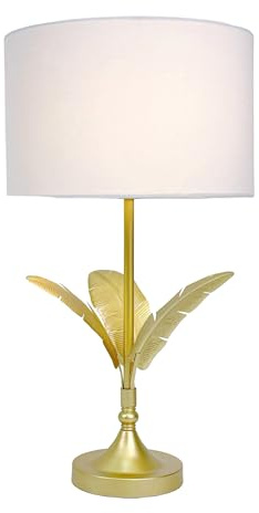 Relaxdays Tischlampe, Palmenblatt-Sockel, Stoffschirm, E14-Fassung, Wohnzimmer, Schlafzimmer, Tischleuchte, weiß/Gold