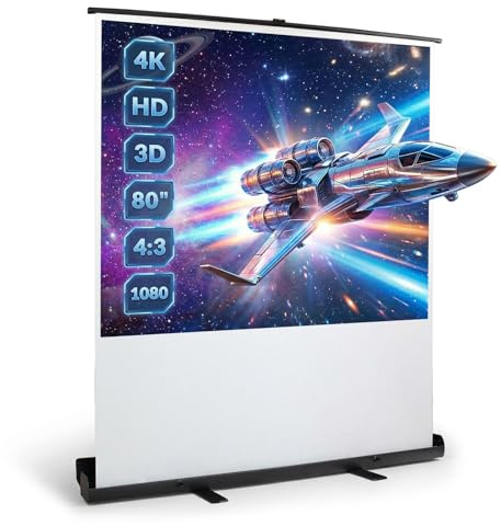 Todeco Schermo per Proiettore 80 Pollici, Autoportante, Retrattile, Bianco | Altezza regolabile, formato 1:1/4:3/16:9, 4K Full HD e 3D, senza montaggio, per casa, ufficio e all'aperto