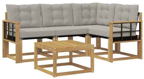 vidaXL Outdoor-Sofagarnitur mit Kissen 5 pcs Weiß und Hellgrau, Garten-Sofa, Moderne Außenmöbel, langlebige Sitzgruppe, Bequeme Lounge, Akazien-Sitze, Entspannung im Garten
