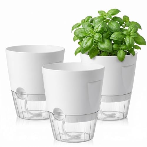 Gokemuak Macetas Hierbas Autorriego Pack 3 Blanco | Pack de 3; abertura lateral; indicador de nivel de agua; agarres laterales; 17 x 10 x 15 cm; cocina y alféizar