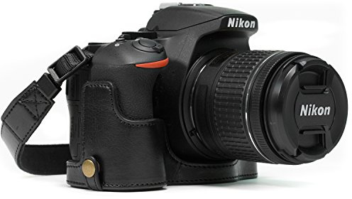 MegaGear Ever Ready Leder Kamera Halbtasche mit Trageriemen und Batteriezugang für Nikon D5600, D5500 schwarz