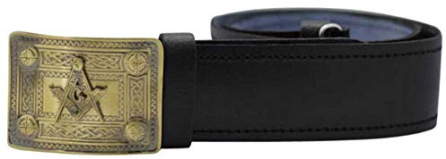 Schottischer Highland-Kilt-Gürtel, Leder, mit antikem Freimaurer-Abzeichen, 4 Kuppelschnallen, Schwarz Gr. L, Schwarz