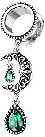 Piersando Flesh Tunnel Ohr Piercing Plug Edelstahl mit Tropfen Stein Tribal Vintage Mond Charm Anhänger Schraub Silber Smaragd Grün 8mm