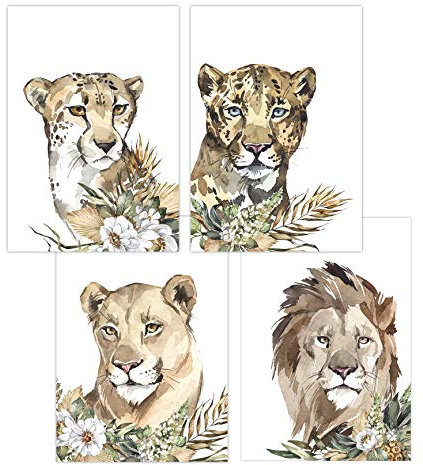 Olgs Wandbilder 4er Set für Büro & Wohnzimmer Deko Poster | Kunstdruck DIN A4 ohne Rahmen und Dekoration Tiere (W03 Raubtiere Safari)