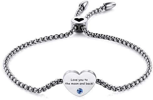 MeMeDIY Personalisiertes Herz Geburtsstein Armband Angepasst Gravur Name/Datum für Frauen Mädchen den Besten Freund Edelstahl Zierliche Verstellbare Kastenkette Brautjungfer Geschenk (Silber)