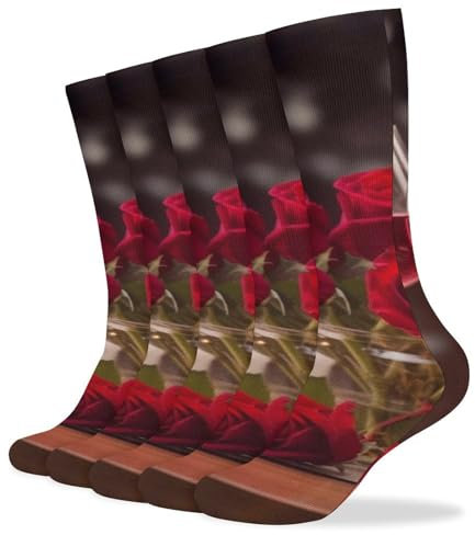 TPDHJK Lot de 5 paires de chaussettes respirantes avec imprimé roses et verres à vin, chaussettes thermiques d'hiver pour femme, chaussettes de randonnée pour homme et femme, roses et verres à vin,