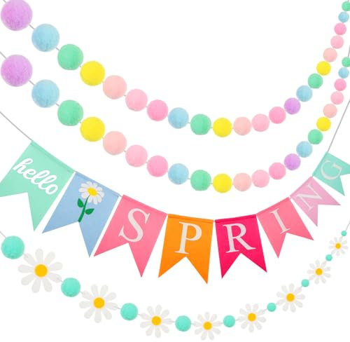 Irenare 4 Stück Frühlingsgirlande Filz Pompon Girlande Hello Spring Gänseblümchen Blume Banner für Innendekoration Kaminbaum Party Dekorationen