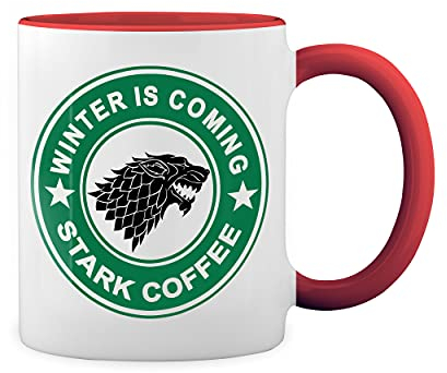 Winter is Coming Stark Weiße Tasse Mug mit roten Felgen und Griff