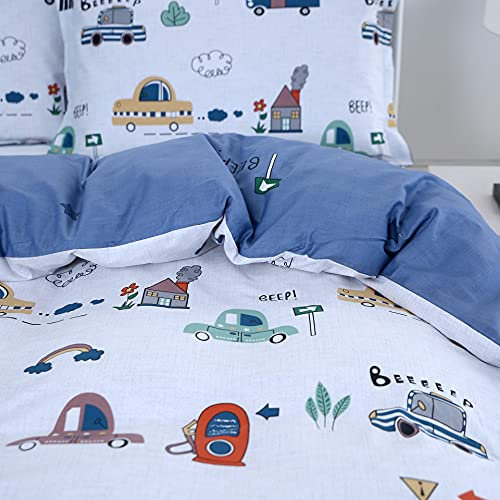 Brandream Kinder-Bettwäsche-Set, 100 % Baumwolle, Queen-Size-Größe, für Jungen, niedliche Autos, Fahrzeuge, Bettwäsche-Set mit Bettbezug, 3-teilig (ohne Bettdecke enthalten)