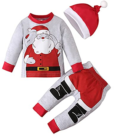 Yalatan Baby Jungen Weihnachtsoutfits Neugeborene Langarm Weihnachtsmann Bedrucktes T-Shirt Hose Hut Baby Weihnachtskleidung Set, Santa Claus Costumes For Baby, 6-12 Monate