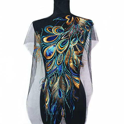 WOJING Blaue Pailletten Bestickt Phoenix Pfau Feder Schwarzes Mesh Hochzeit Applikationen Spitzenbesätze Nähen auf Patches für Kleid DIY
