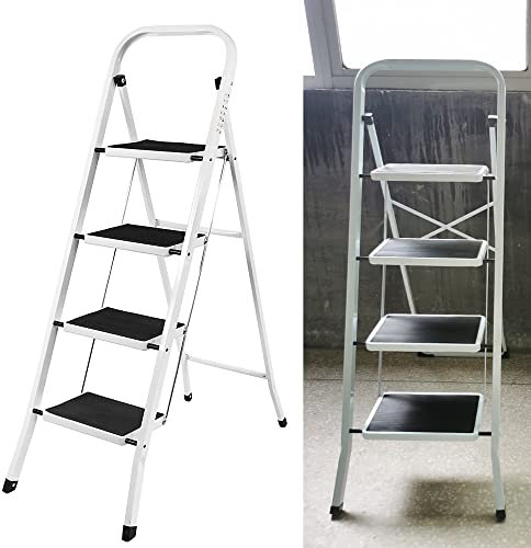 Step Ladder 4 Steps Tool Folding Ladder Heavy Duty Safety Stepladder with Anti-Slip Tread, Indoor Outdoor Kitchen Office Ladder, 330lbs Load Capacity