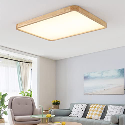Dimmbar Wohnzimmer LED Lampe Deckenleuchte aus Holz Modern Schlafzimmer Deckenlampe mit Fernbedienung Rechteckig Acryl Schirm Design led Deckenbeleuchtung für Büro Arbeitszimmer Esszimmer (80cm*60cm)