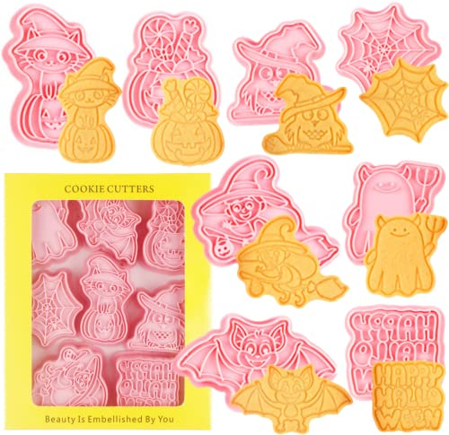 Juego de 8 cortadores de galletas de Halloween, calabaza, murciélago, fantasma, tela de araña, bruja, cortadores de galletas de gato para decoraciones de suministros de fiesta de Halloween