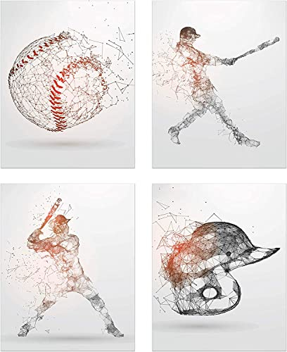 Baseball-Wandkunstdrucke – Set mit 4 (5x7) ungerahmten Baseball-Postern – Baseball-Zimmerdekoration für Männer, Kinder, Schlafzimmer Ecor,Ge. Metrisch