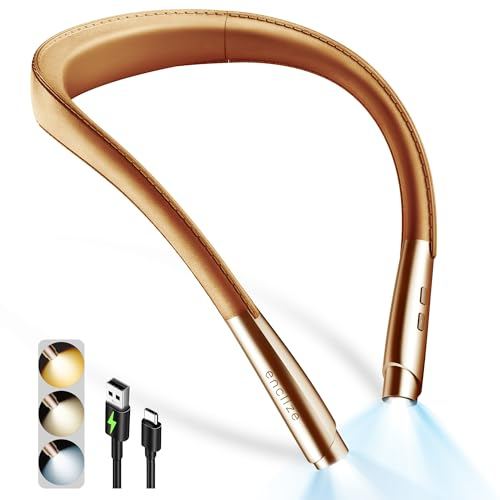 enclize Lampe de lecture LED pour lire au lit, mains libres, 3 niveaux de luminosité, design léger et confortable, rechargeable, longue durée, parfait pour tricot, travaux manuels (Or)
