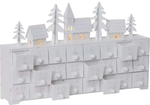 EGLO LED Adventskalender zum Befüllen, Weihnachtskalender beleuchtet mit Schubladen, Weihnachtsdorf mit batteriebetriebener Beleuchtung, Holz in Weiß, warmweiß, 38 x 23 cm