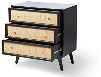 Desser 3 Drawer Rattan Bedside Table - Natural Cane & Mango Wood Chest of Drawers - Black Handmade Wicker Storage Unit - Venice Collection Small Dresser for Bedroom/Living Room/Hallway