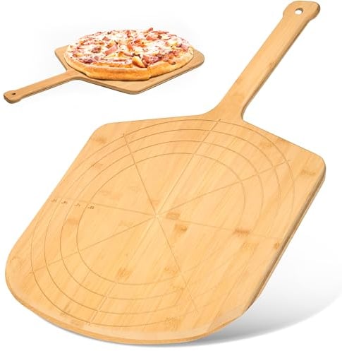 Loftern Planche à pizza en bois de 40,6 cm avec tailles gravées – Planche à découper à pizza multifonction en bambou, pelle à pizza en bois, pelle à pizza et planche de service avec guide de taille et