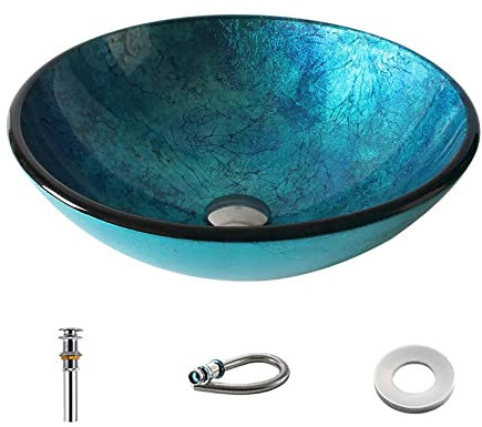AIBOTY Waschbecken Waschbecken Aufsatzwaschbecken Aus Gehärtetem Glas Hotel Waschbecken Spa Schönheitssalon Waschbecken Mit Pop-Up Ablaufgarnitur,Blau,A
