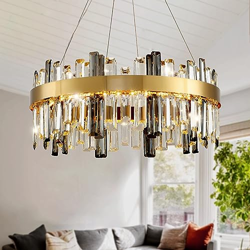 AHXIAOZN Modern Kronleuchter Kristall Leuchte, Dimmbar Rund Hängeleuchte Kristall Lampe,LED Pendelleuchte Gold Lichtfarbe Einstellbar