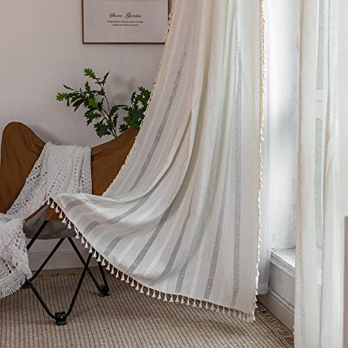Nyescasa Boho Vorhänge Landhausstil aus Baumwolle Leinen mit Quaste - Vintage Bestickte Gardinen mit Ösen, Lichtdurchlässig für Wohnzimmer Schlafzimmer, Weiß, 2 Stück 240x140cm(H×B)