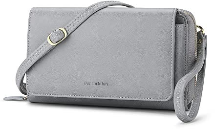 Peacocktion Damen Umhängetasche, Kleine Crossbody Taschen Schultertasche, Handgelenkstaschen Geldbörse mit Crossbody und Handgelenk 2 Riemen, Handytasche zum Umhängen mit Kartenhalter, 01-Licht Grau