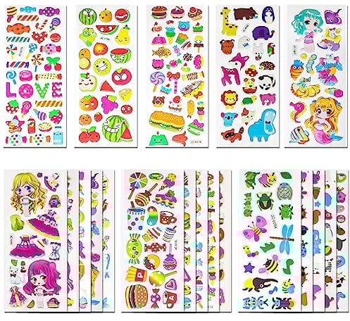 3D Sticker Kinder 24 Blätter 530+ Geschwollen Aufkleber 3D für Jungen and Mädchen, Verschiedene Sticker Set mit Tiere, Früchte, Mädchen, Meerjungfrauen, Desserts usw