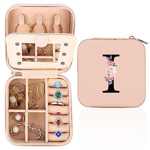 WALLFID Travel Jewellery Box,Alphabet Jewellery Organiser,Portable Jewellery Box,Small Travel Jewellery Storage Case with Mirror,Birthday Gift for Women,Mothers Birthday Valentines Day Gift Ideal(I)
