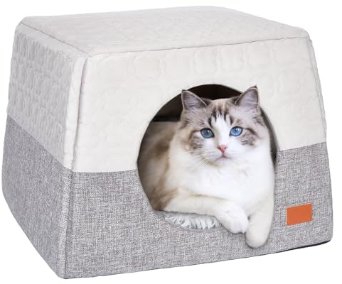 Ownpets Cat Cosy Cube Igloo Bed, Cat Beds for Large Cats Cat Cave Bed with Removable and Washable Cushion 48 * 48 * 35cm(Grey)