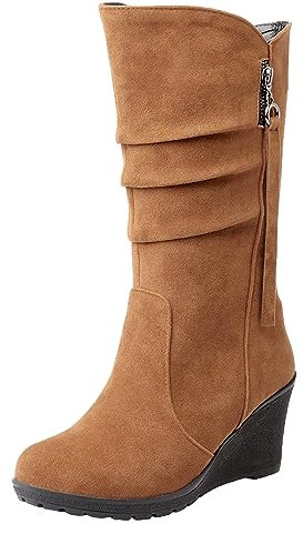 rismart Stivali Western Donna Polpaccio Medio Tacco a Zeppa Foderato con pelliccia sottile Camoscio Scarpe Invernali Marrone,39