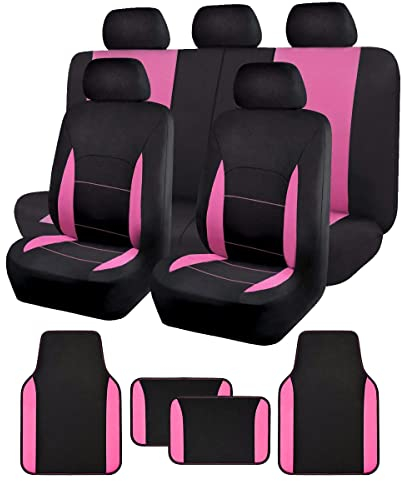 Flying Banner Universal Sitzbezug Auto Komplettset mit rutschfesten Auto-Fußmatte (Combo Set, Rosa)