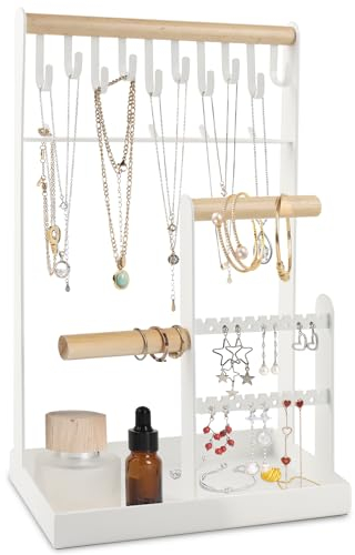 ZENDIA Jewellery Organiser Stand, Jewellery holder Organiser with Earring Tray and 10 Hooks, 5 Tier Necklace Holder Display for Earrings Watches Bracelet Rings (White)