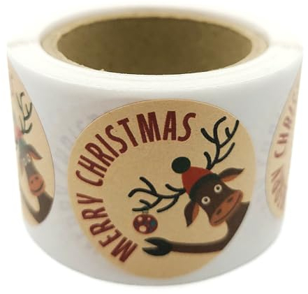 MD Labels Weihnachtsaufkleber KRAFT Rolle, Rund Etiketten, Merry Christmas Sticker, Weihnachtsgeschenke Sticker 200 Stück (RENTIER, FI 35)