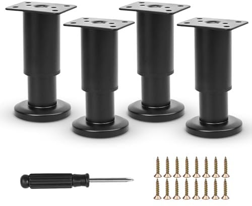 Furniture Adjustable Legs, Metal Bed Support Leg Central Slat Frame Couch Replacement Support Leg Part Heavy Duty Furniture Foot with Screwdriver for Cabinet/Dresser/Table/Sofa 8-12cm (Black 4 Pcs)