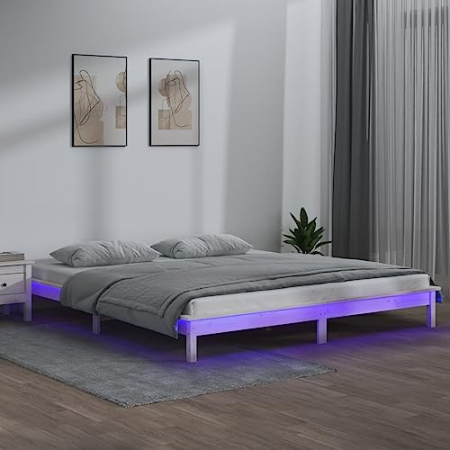 ZQQLVOO Bettgestell Familienbett Palettenbett Massivholzbett mit LED-Beleuchtung Weiß 120x200 cm