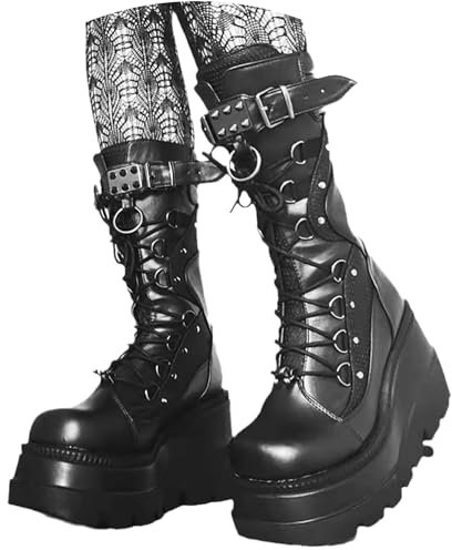 EGSDMNVSQ Bottes D'hiver à Plateforme Femme Bottes Gothiques Punk à Lacets Vintage Loisirs Western Avec Boucle Ceinture Talon Compensé Demi Bottes Moto