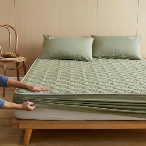 LSZHBSL Spannbettlaken aus Musselin 120x200cm Superweiches Kuschelige Flauschig spannbettlaken gesteppt bettwäsche Spannbetttuch Baumwolle waschbar matratzenschoner für Matratze bis 30cm Hohe Grün