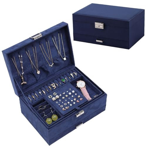Blue Velvet 3-Layer Jewellery Boxes - Large Jewelry Storage Case with Lock for Necklace Earring Watch Bracelet 24.5 * 17 * 11.5 cm 51BL
