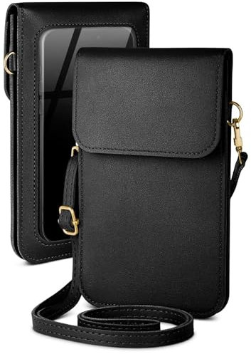 moex Handytasche zum Umhängen für Samsung Galaxy A14 (4G/5G) kleine Handtasche mit Handyfach und Sichtfenster, 2 extra Fächer Mini PU Leder Handy Umhängetasche Damen CitySling, Schwarz