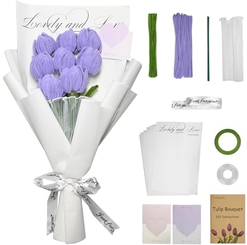 YoHyien Pfeifenreiniger Blumen Set, Pfeifenputzer zum Basteln Blumen, DIY Tulpenstrauß Pfeifenreiniger Set mit Videoanleitungen, Pipe Cleaner Flower Set für Dekorationen, und Hochzeitsgeschenk